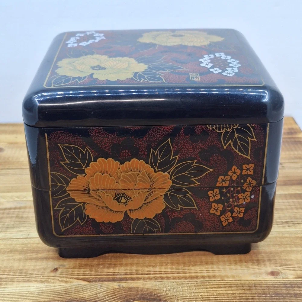 Floral Black Lacquered Jewelry Box 2 Tier With Lid Made in Taiwan VTG‎ Interpur